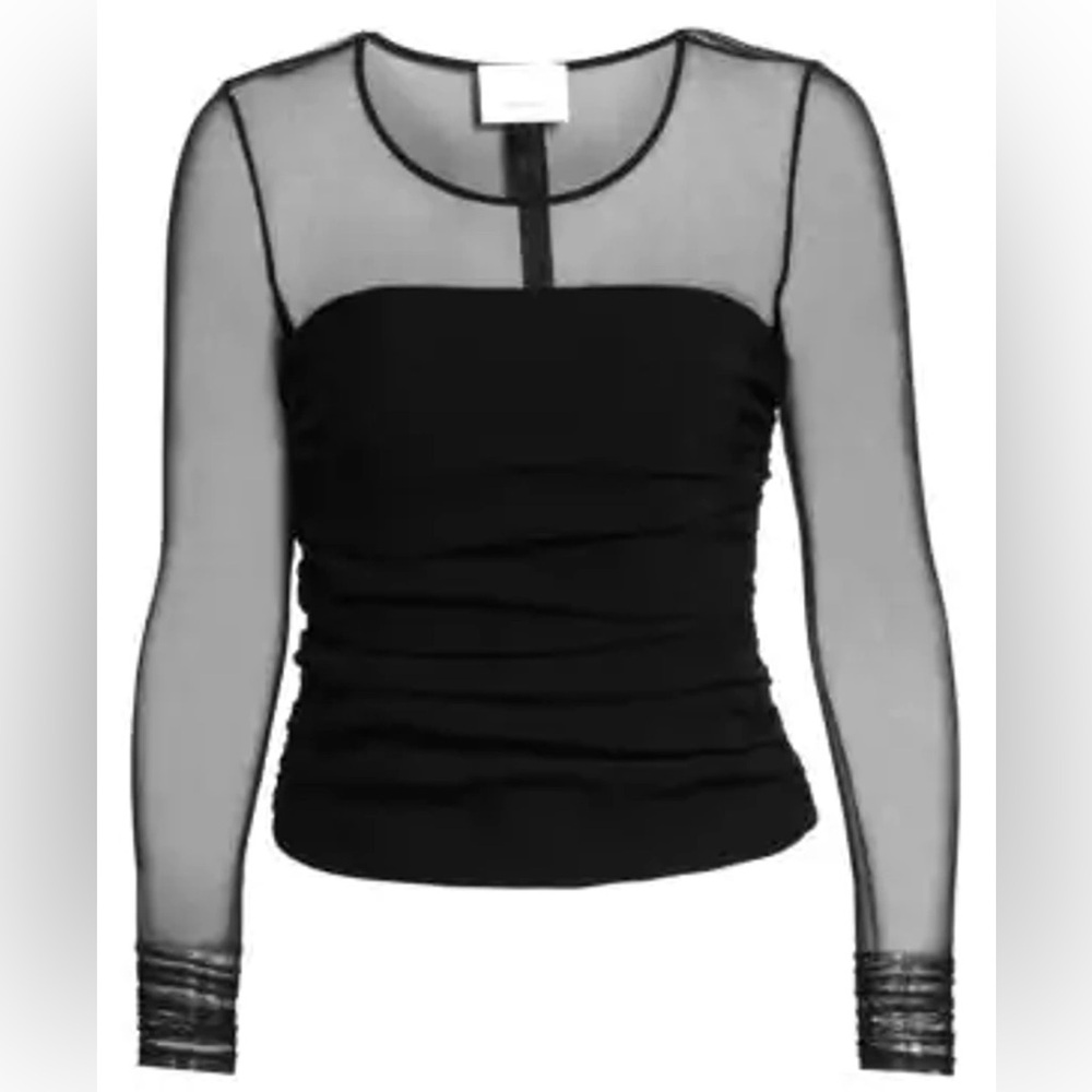 Cinq a Sept Modern Black Sheer Sleeve Ruched Top | Size Small | NWT
